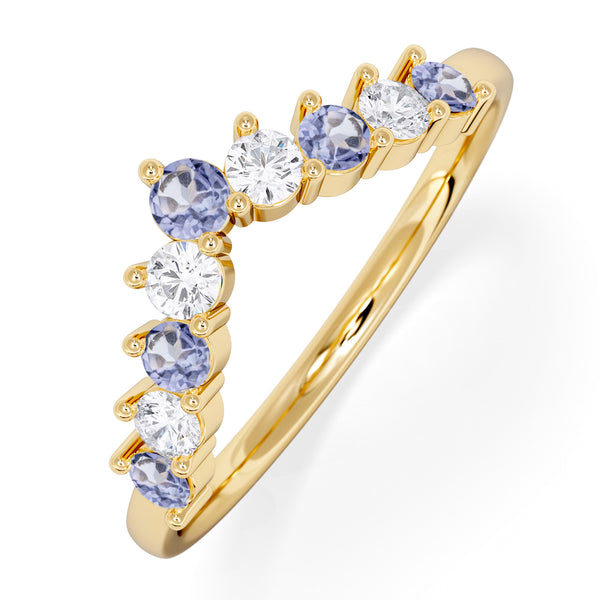 Tanzanite and Lab Diamond Wishbone Ring in 9K Yellow Gold